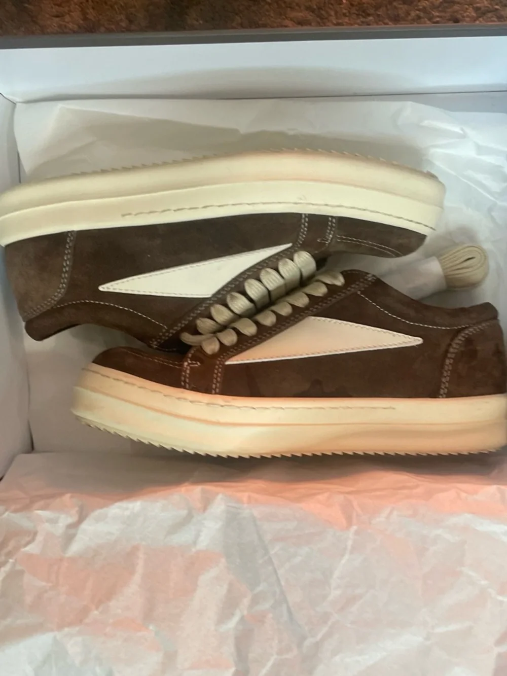 Rick Owens Brown Suede Low-Top Sneakers with Cream Accents